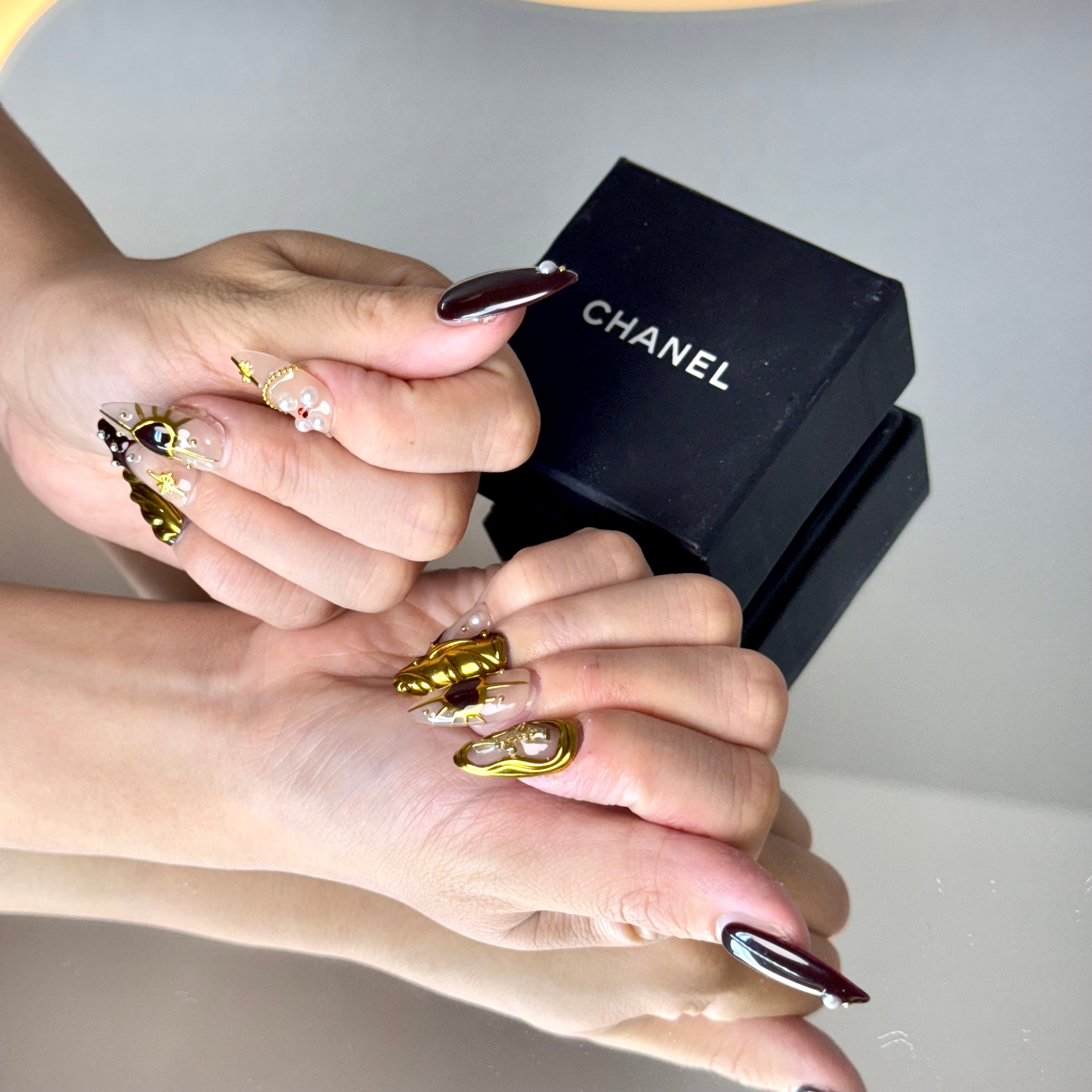 Royal Burgundy & Gold Nail Set – Luxury Press-On Nails with Pearl Accents