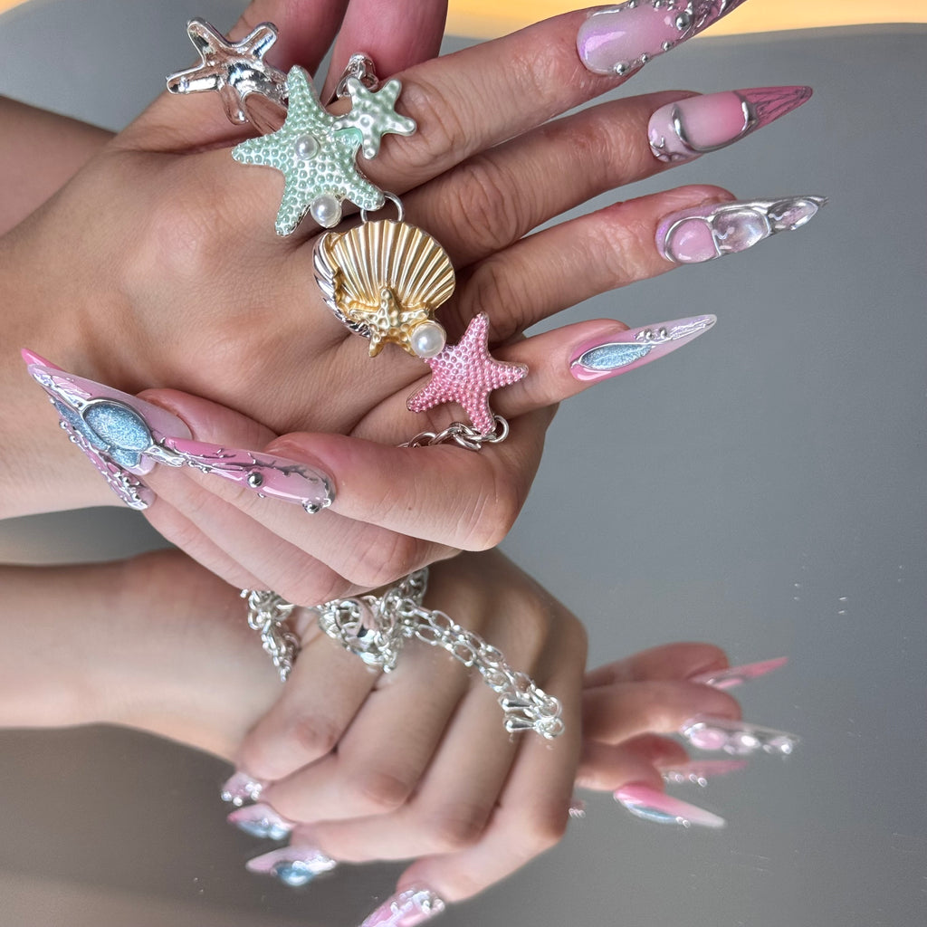 Mermaid Pink Chrome Nail Set – Ocean-Inspired Long Stiletto Press-On Nails