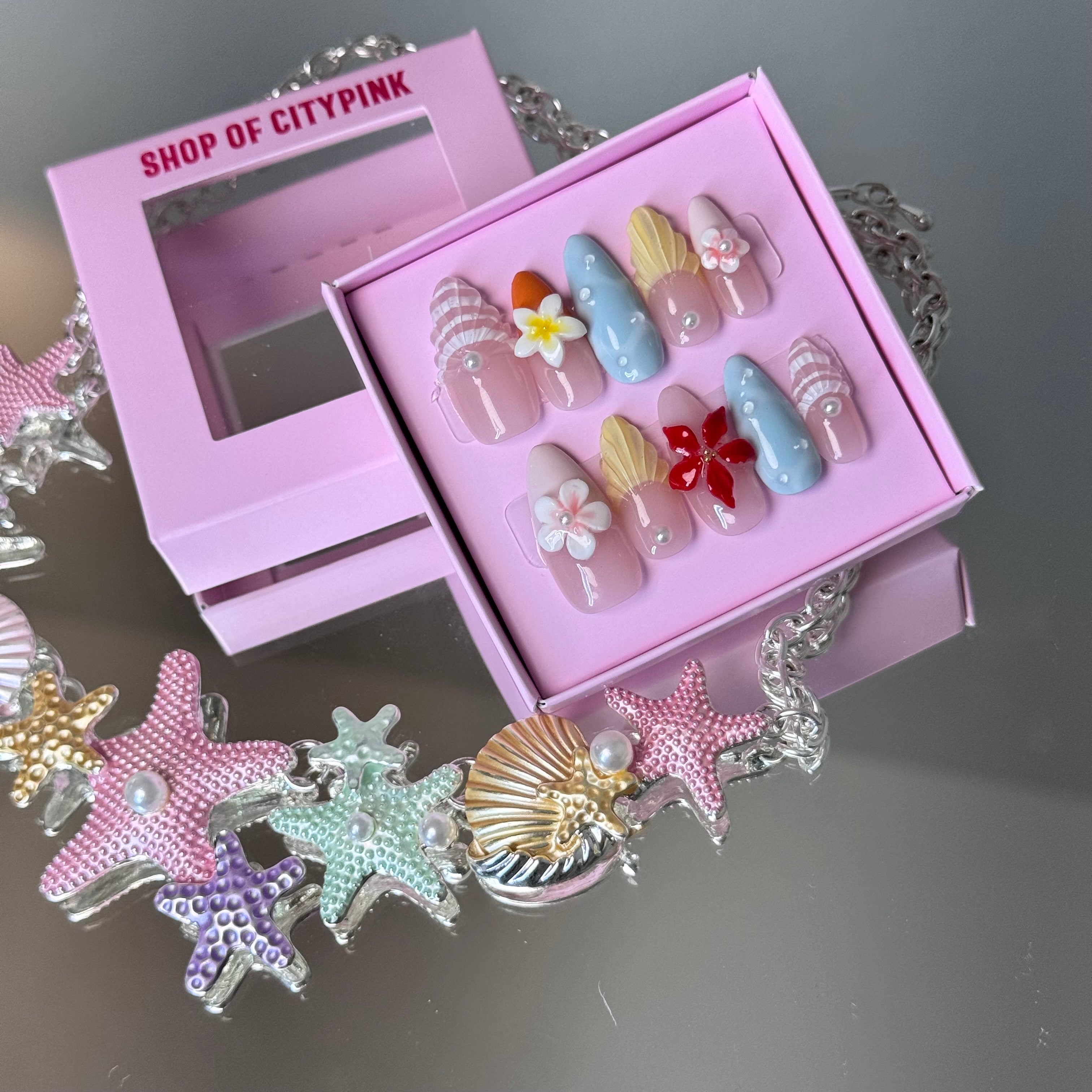 Tropical Flower Nail Set – Colorful Summer Press-On Nails with 3D Floral Accents