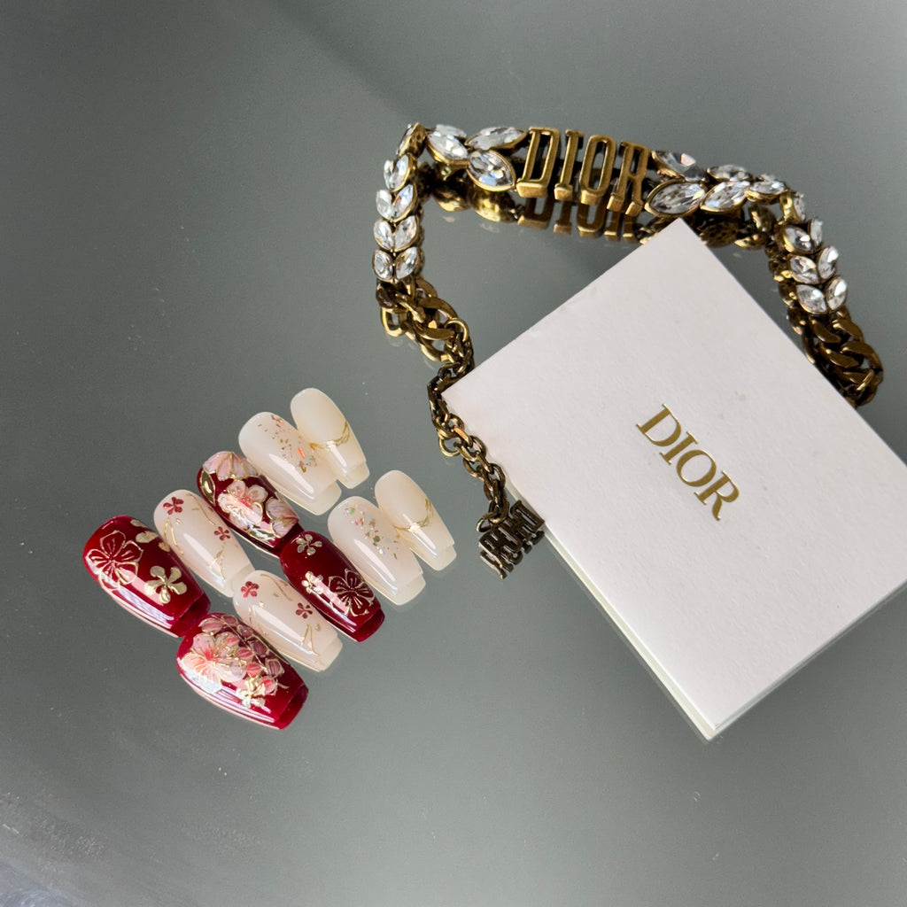 Oriental Red & Ivory Floral Press-On Nails