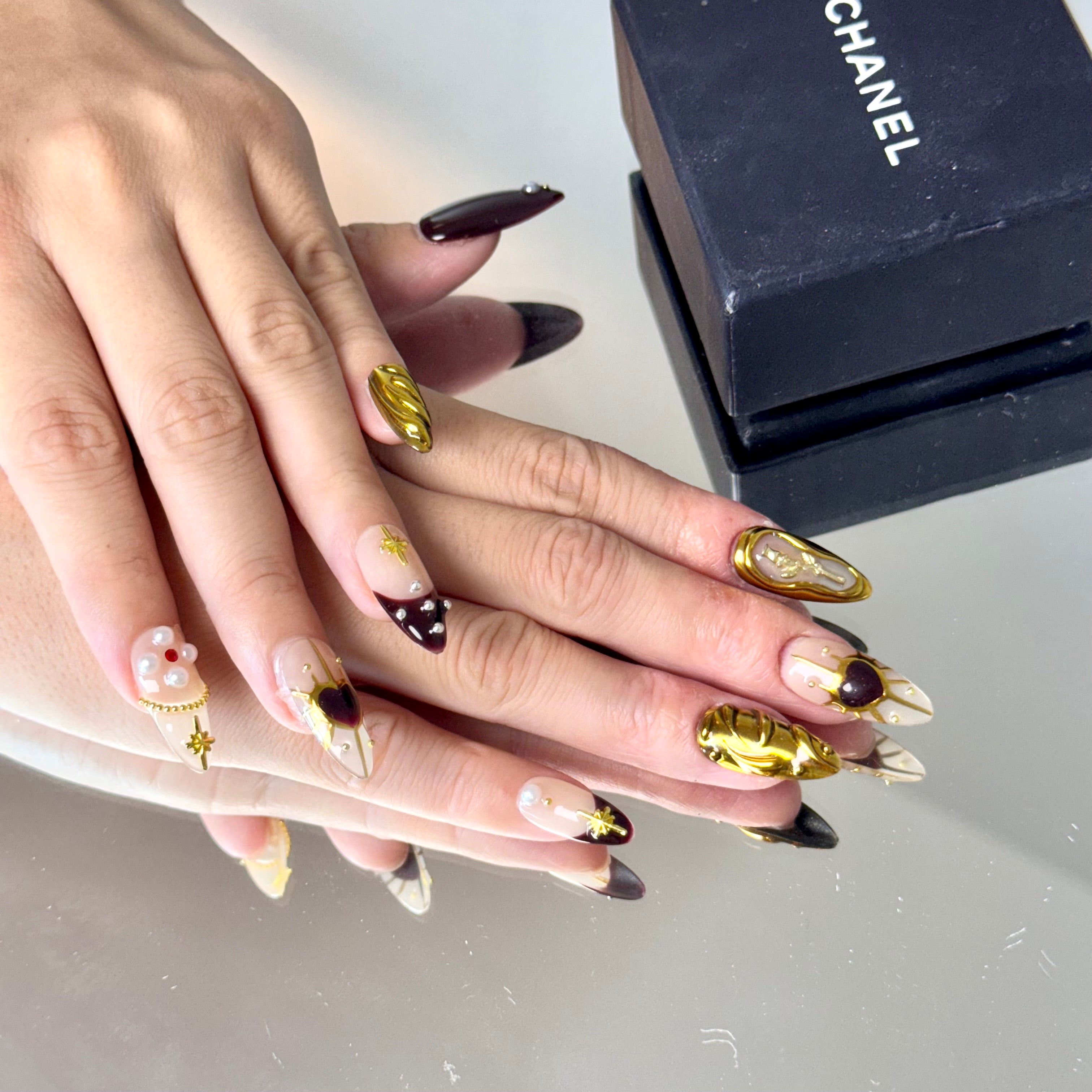 Royal Burgundy & Gold Nail Set – Luxury Press-On Nails with Pearl Accents