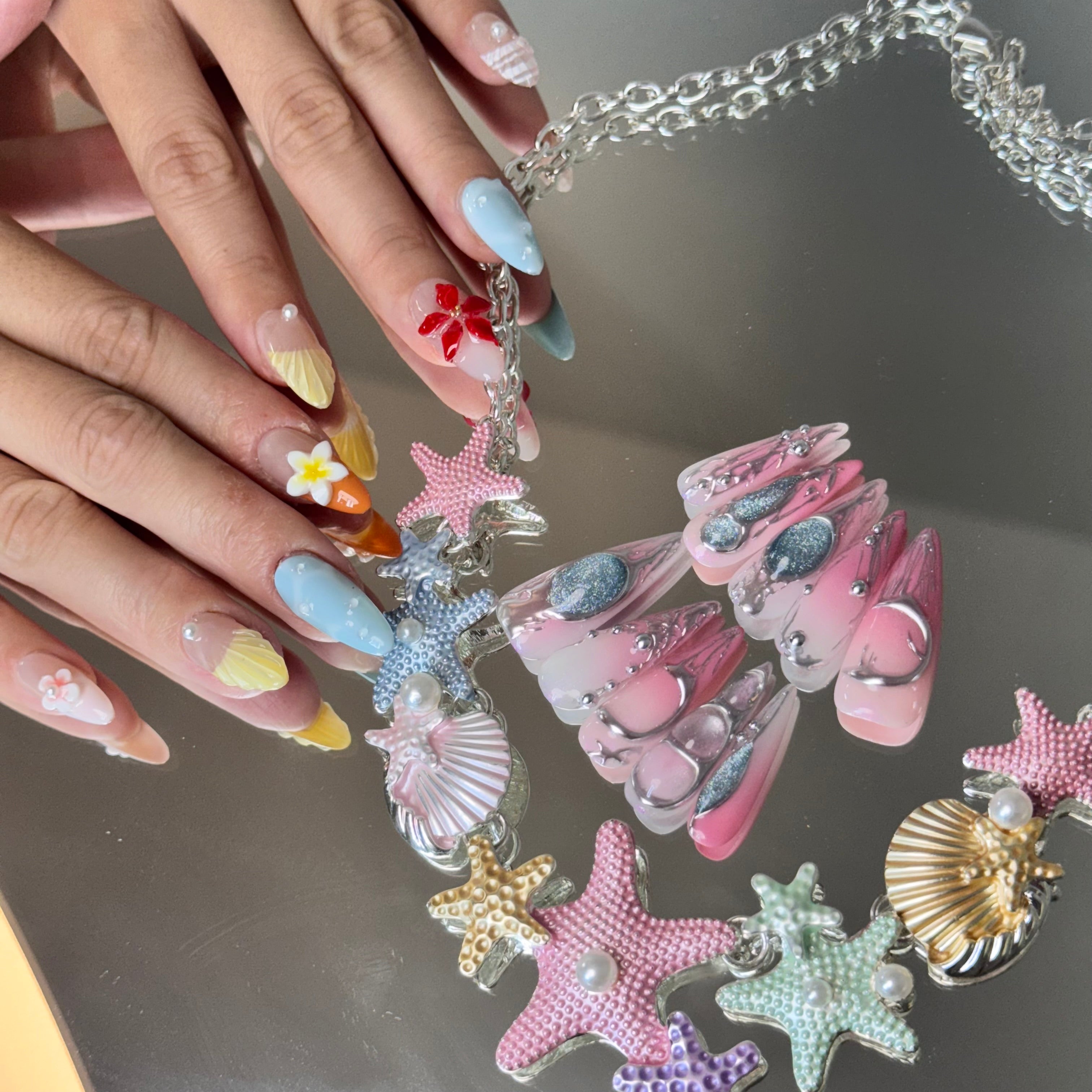 Mermaid Pink Chrome Nail Set – Ocean-Inspired Long Stiletto Press-On Nails