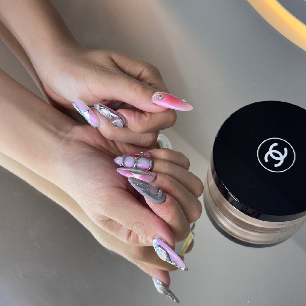 Holographic Chrome Nail Set – Pink & Purple Galaxy Press-On Nails