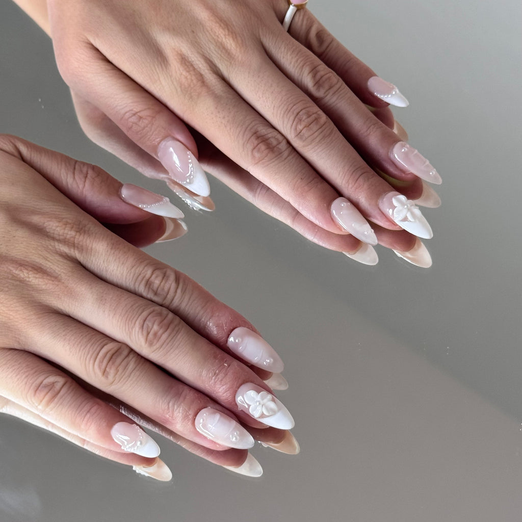 Elegant White Pearl Press-On Nails – 3D Flower & French Design