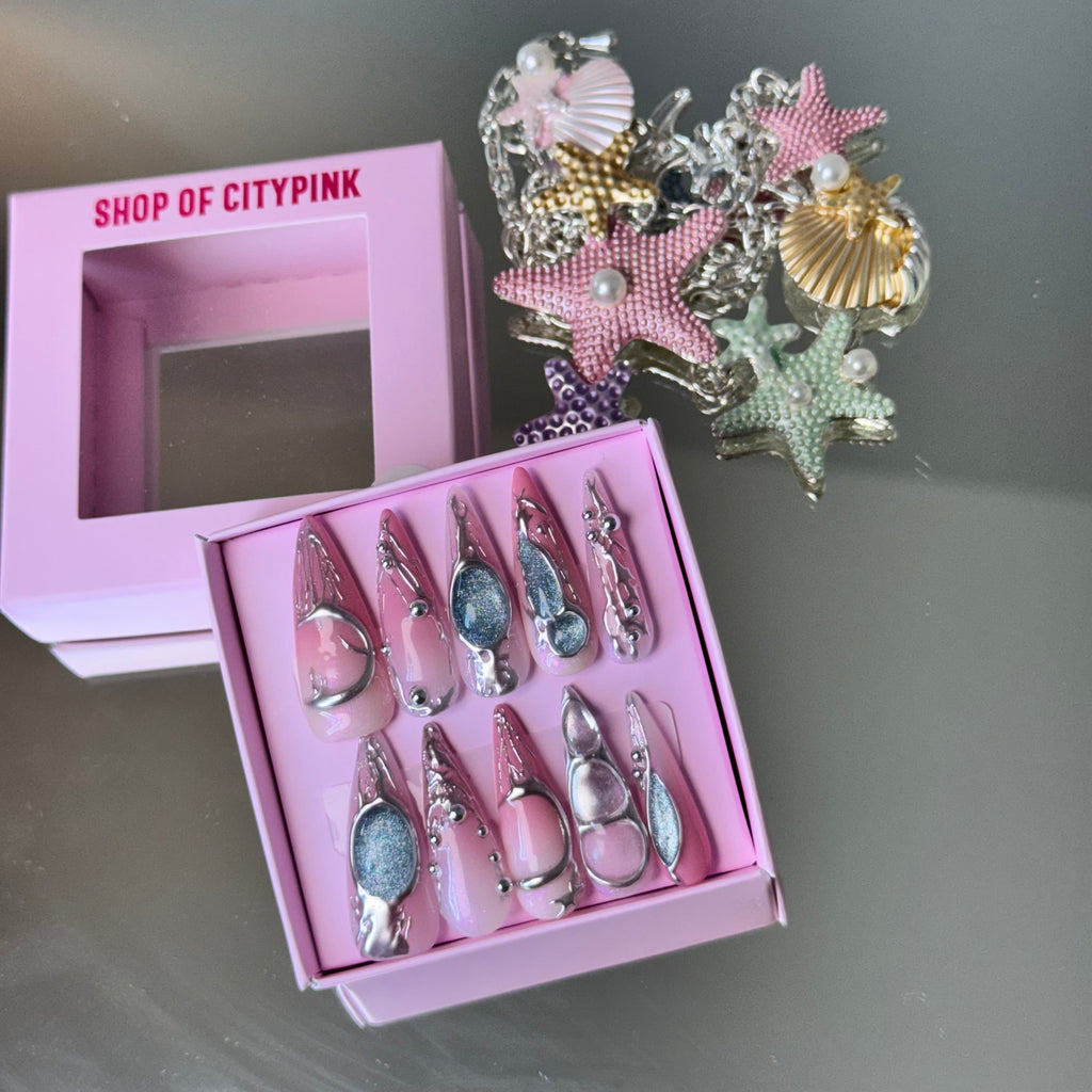 Mermaid Pink Chrome Nail Set – Ocean-Inspired Long Stiletto Press-On Nails