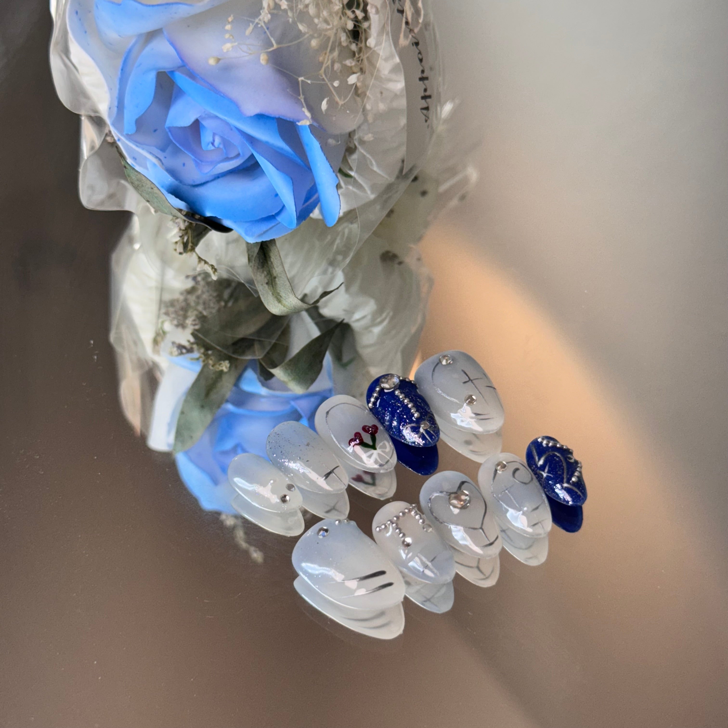 Blue Rose Crystal Nail Set – Elegant White & Navy Press-On Nails