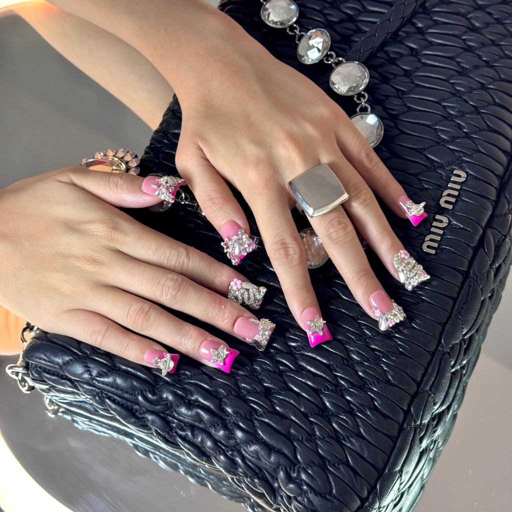 Crystal Star & Bow Pink 3D Press-On Nails