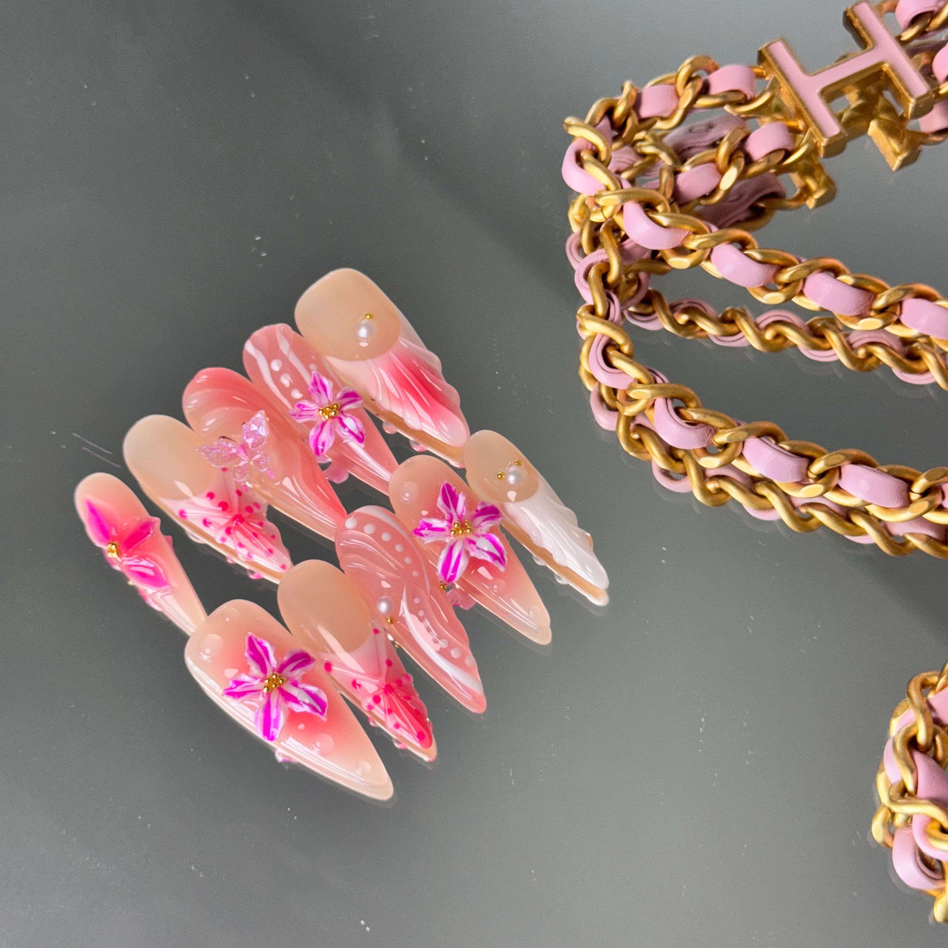 Tropical Pink Orchid 3D Press-On Nails
