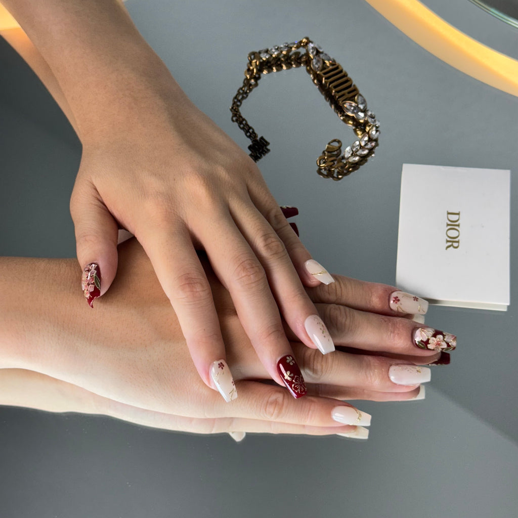 Oriental Red & Ivory Floral Press-On Nails