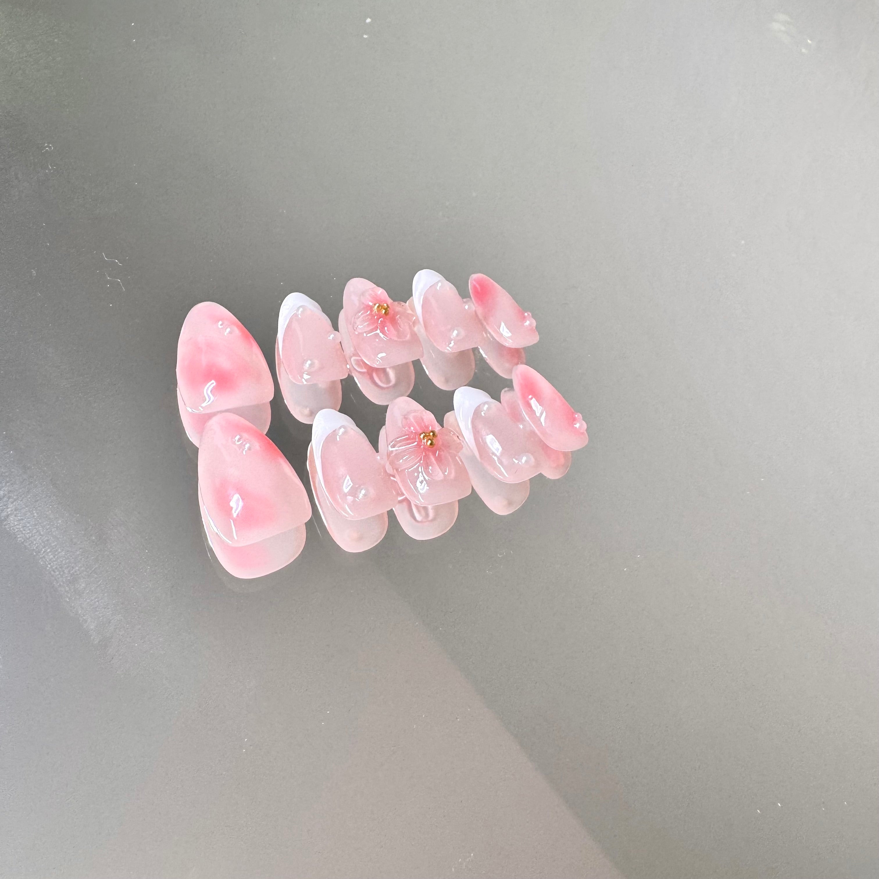 Blossom Pink Press-On Nails – French Tip with 3D Flower Design