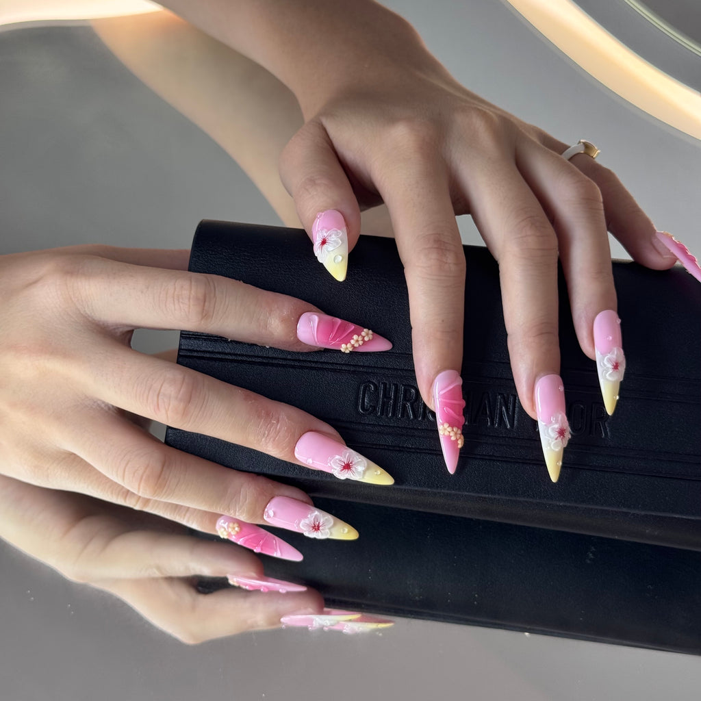 Tropical Blossom Press-On Nails – Pink & Yellow Ombre with 3D Flowers