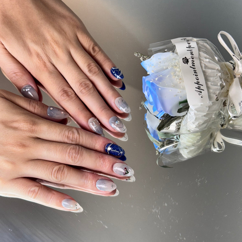 Blue Rose Crystal Nail Set – Elegant White & Navy Press-On Nails