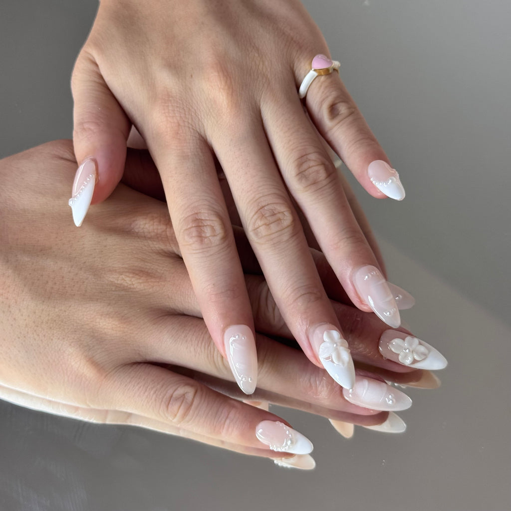 Elegant White Pearl Press-On Nails – 3D Flower & French Design