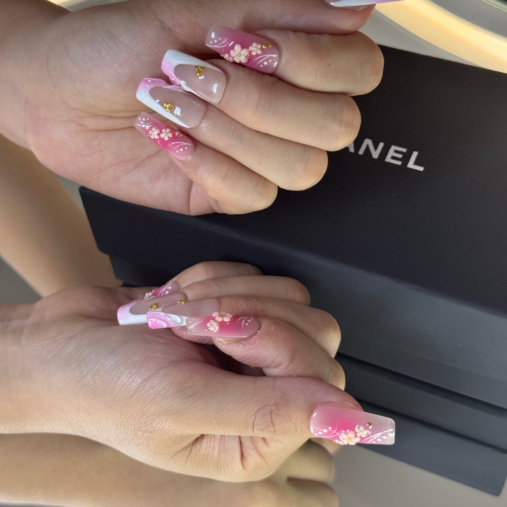 Elegant Pink Blossom French 3D Press-On Nails