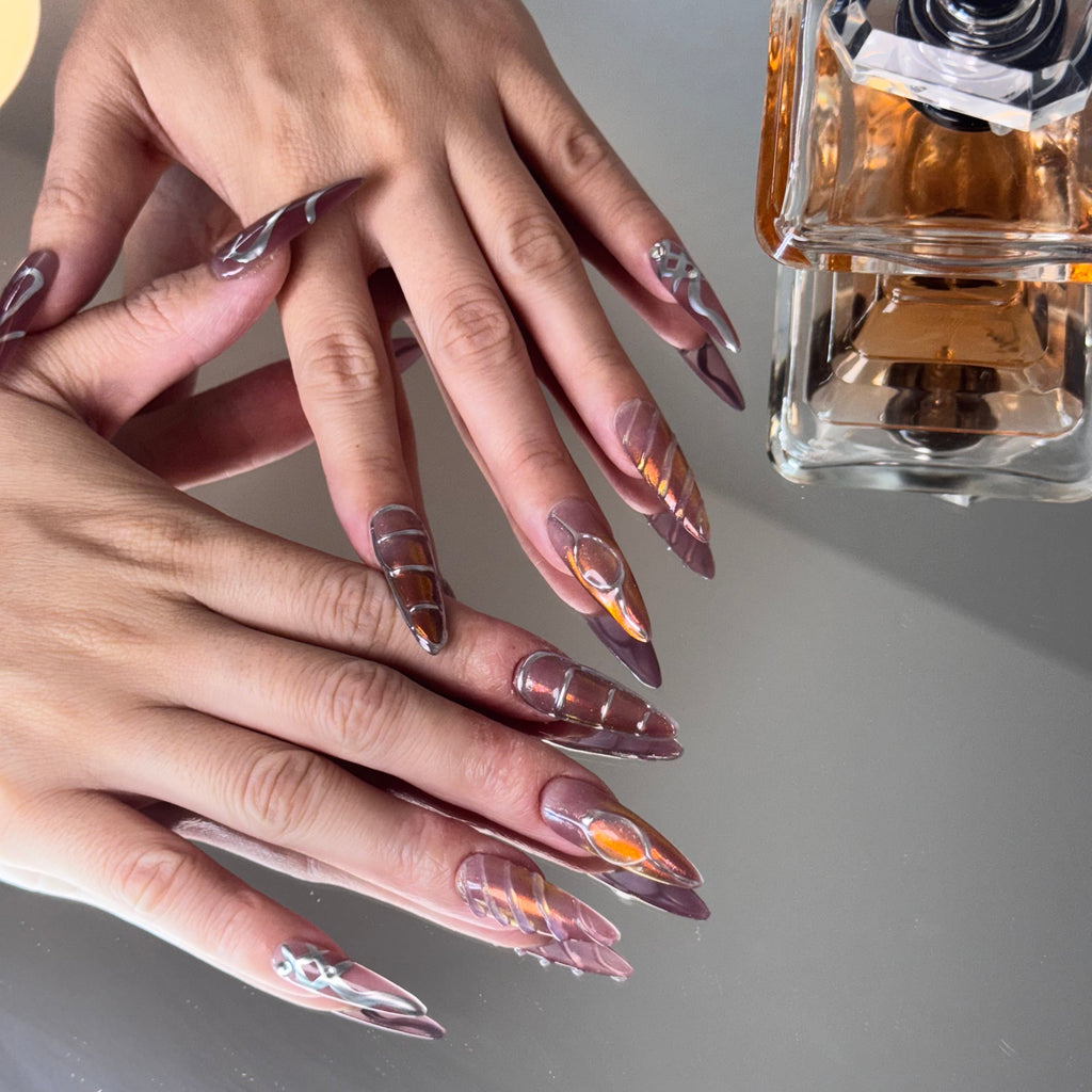 Burgundy Chrome Heart Nail Set – Edgy Press-On Nails with Metallic Shine
