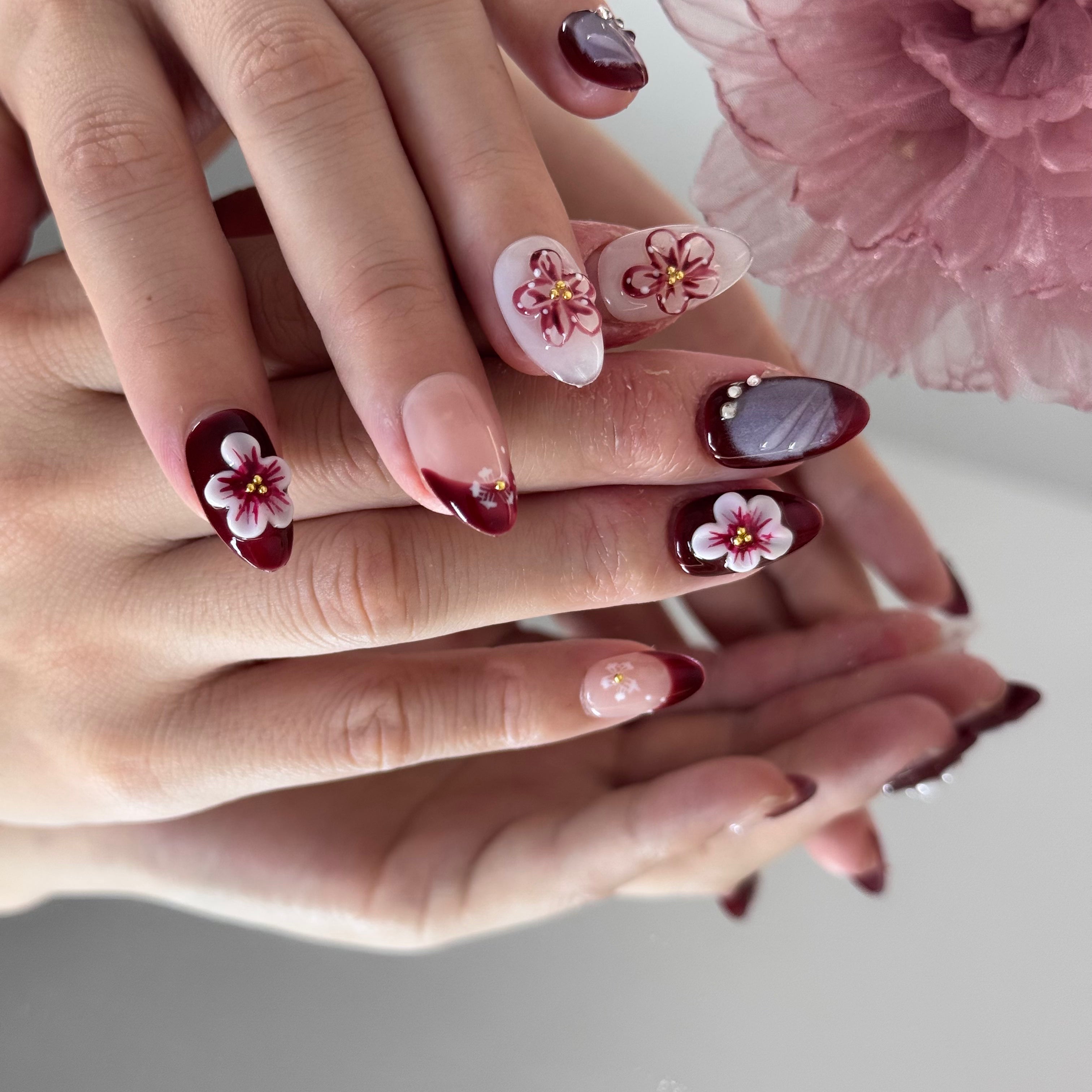 handmade press-on nails- burgundy floral design
