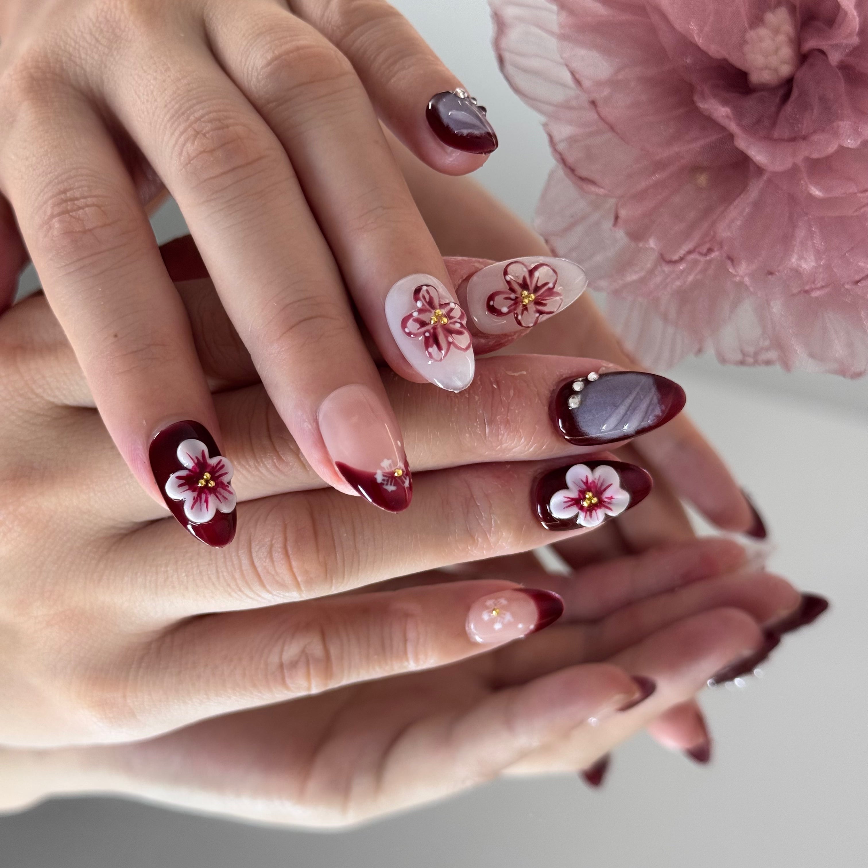 handmade press-on nails- burgundy floral design