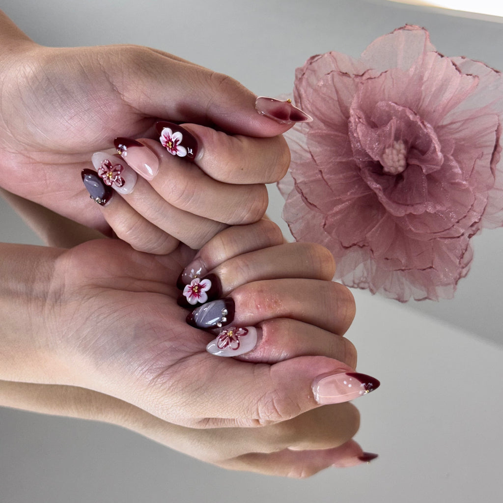 handmade press-on nails- burgundy floral design