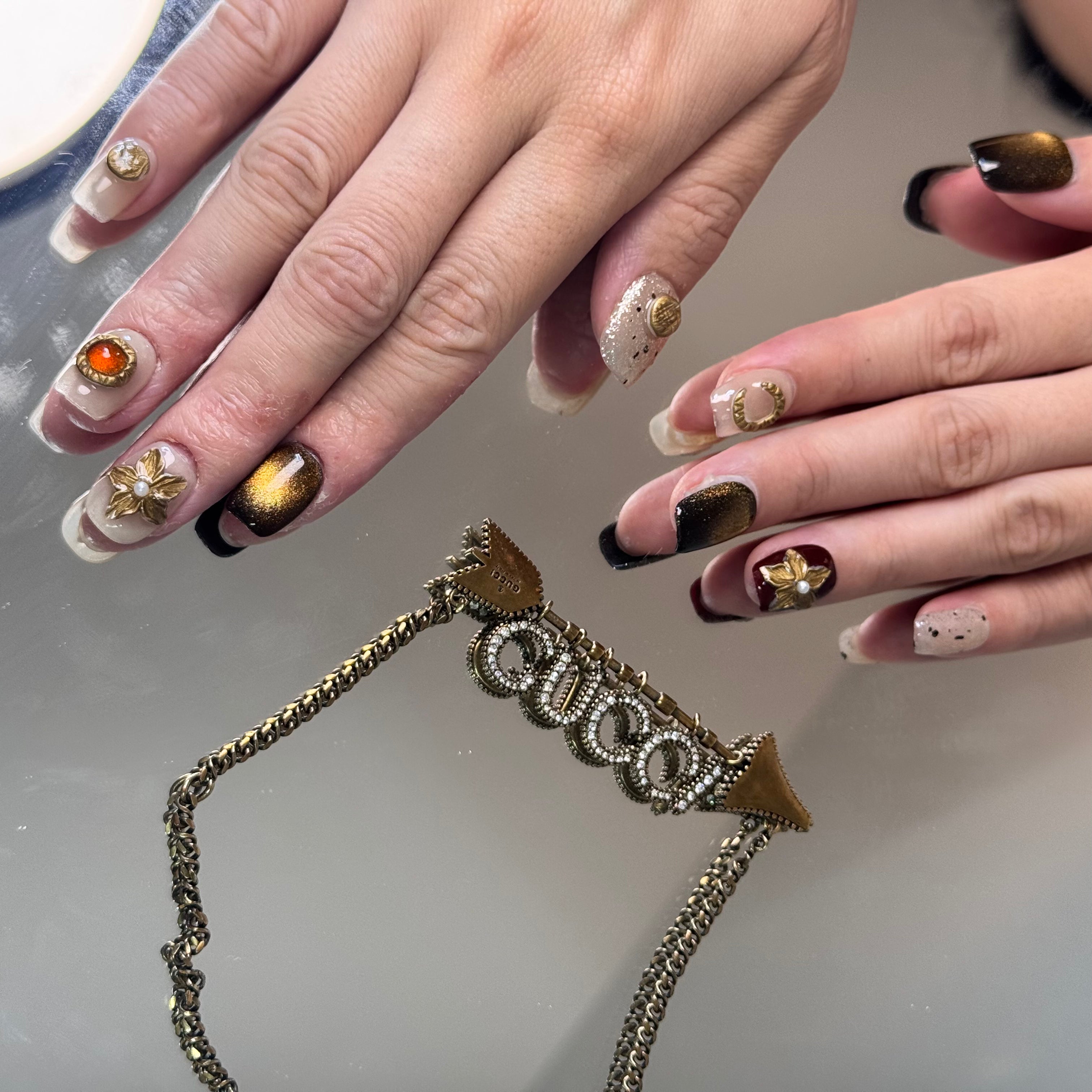 Handmade Press-On Nails – Black & Gold Glam Design (Square Shape)