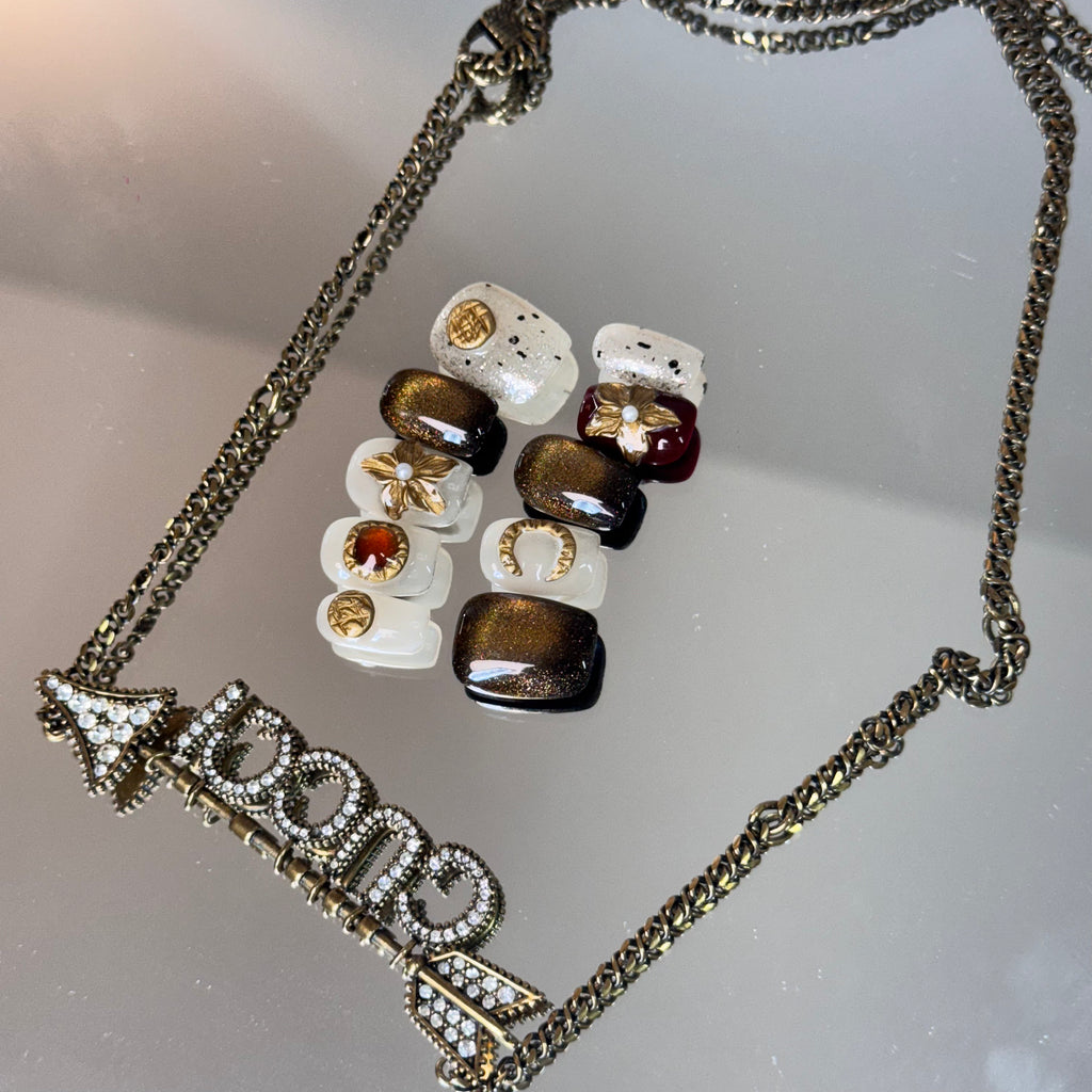 Handmade Press-On Nails – Black & Gold Glam Design (Square Shape)