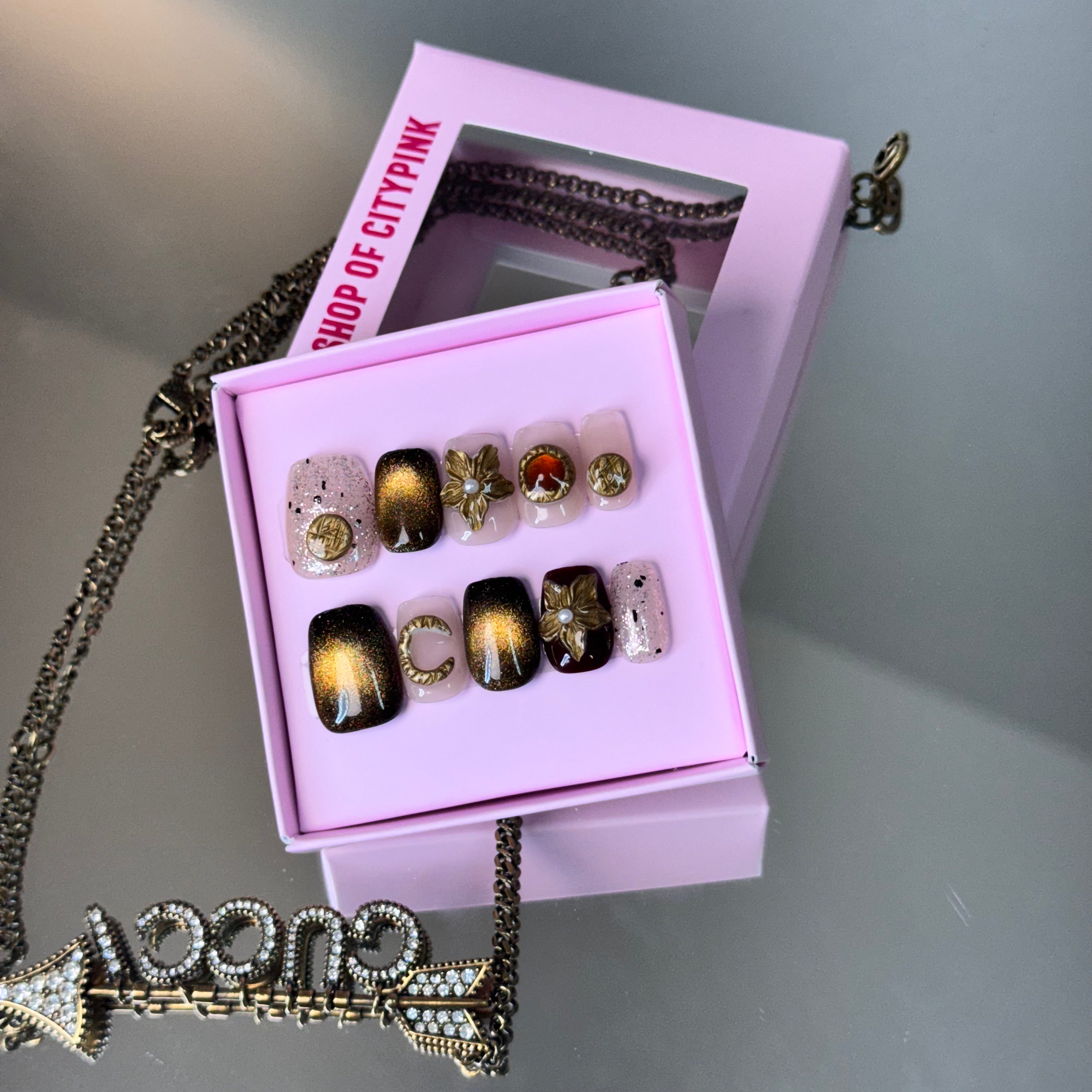 Handmade Press-On Nails – Black & Gold Glam Design (Square Shape)