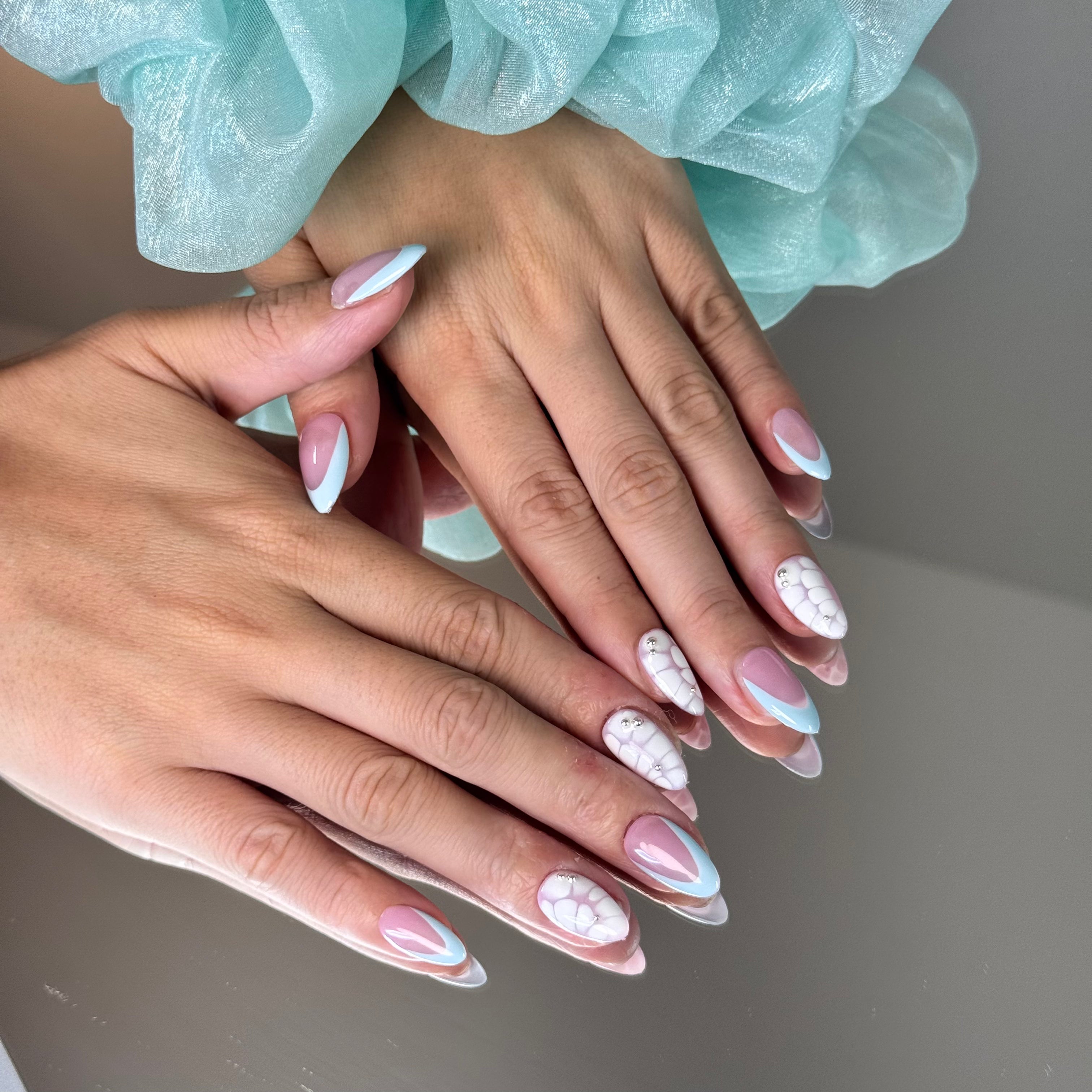 Handmade Press-On Nails – Pastel Blue & Pink Marble Design