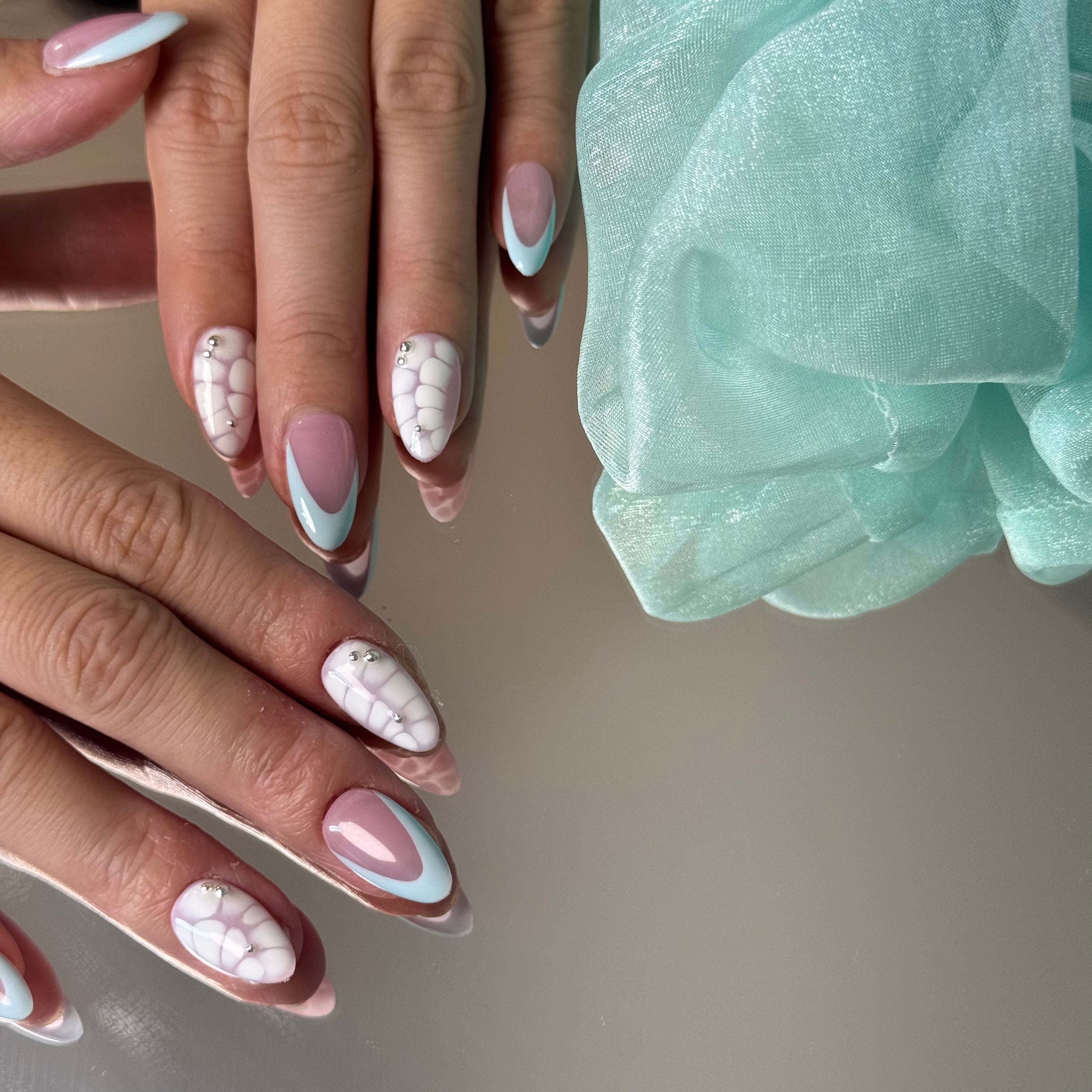 Handmade Press-On Nails – Pastel Blue & Pink Marble Design
