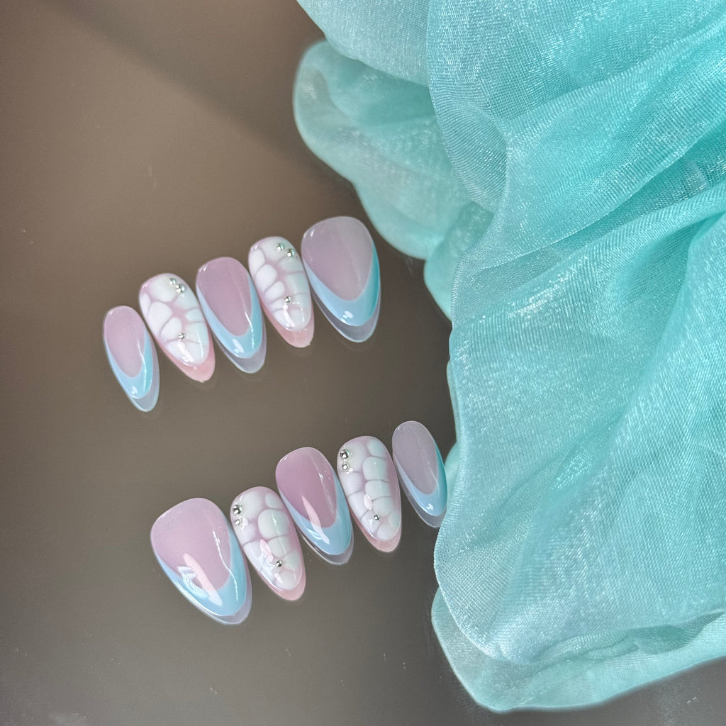 Handmade Press-On Nails – Pastel Blue & Pink Marble Design
