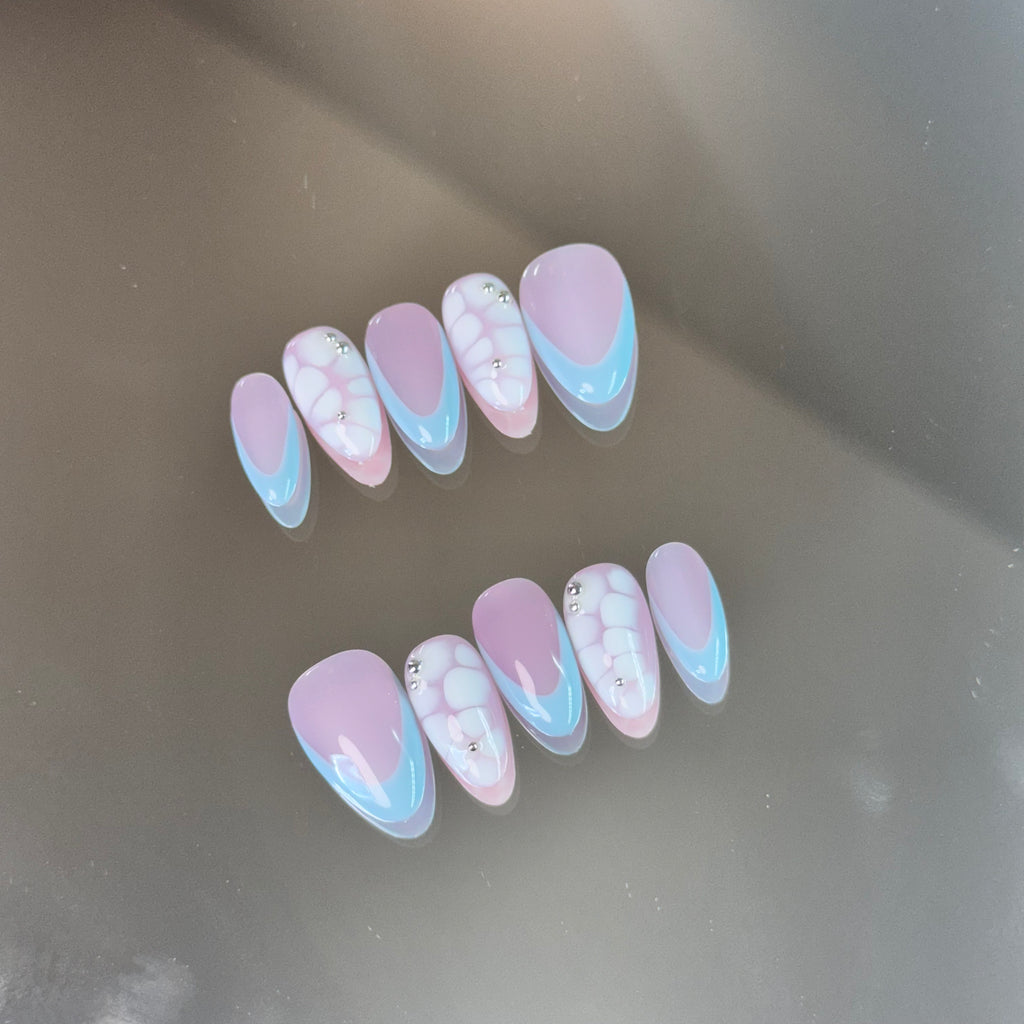 Handmade Press-On Nails – Pastel Blue & Pink Marble Design