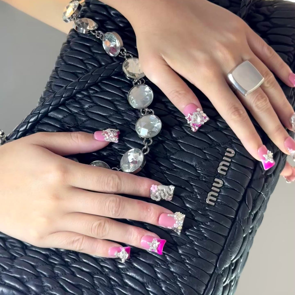 Crystal Star & Bow Pink 3D Press-On Nails