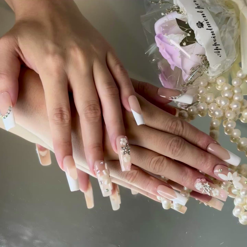 Bridal Floral French Nail Set – Nude Pink Press-On Nails with 3D Flowers & Rhinestones