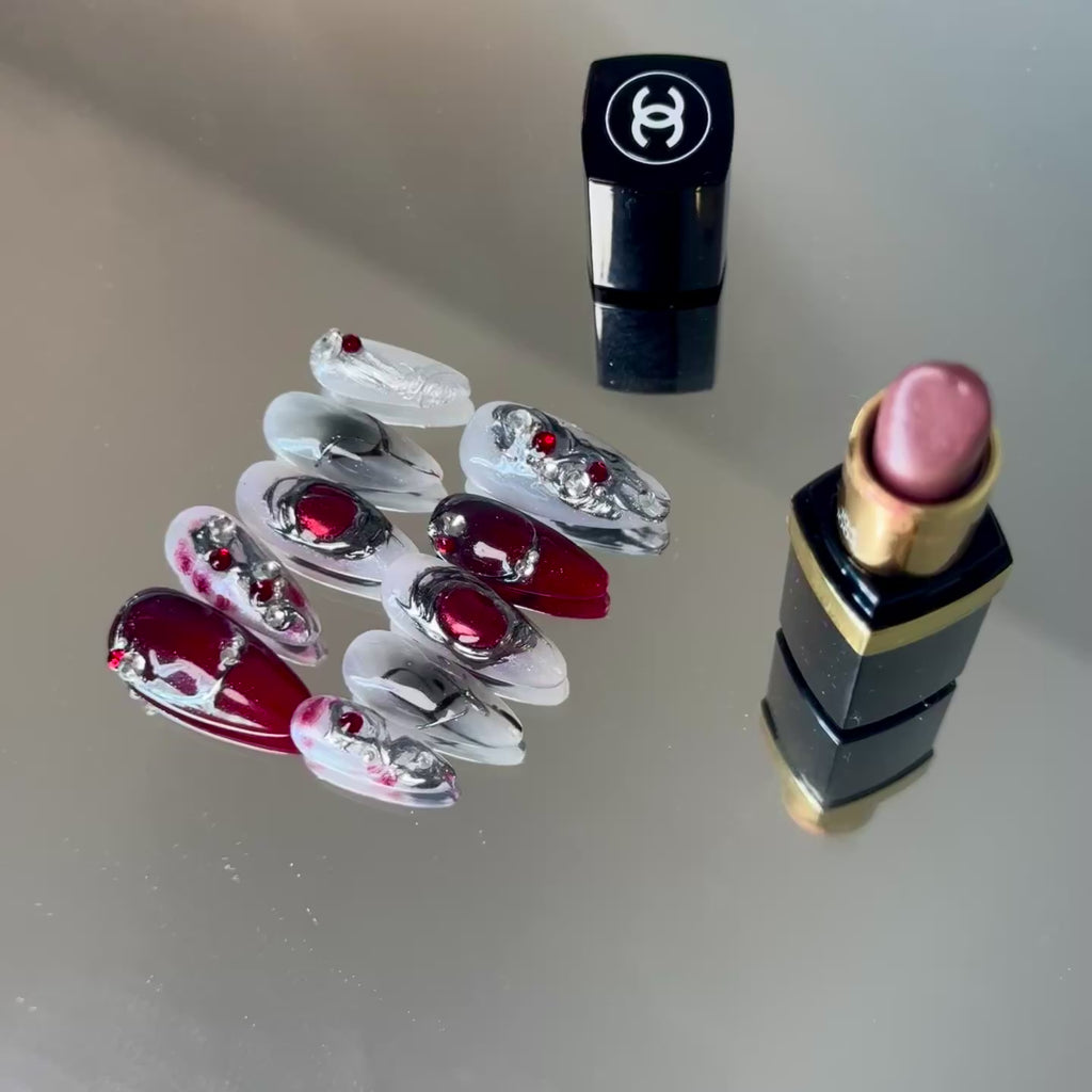 Luxury Red & Silver Gem Press-On Nails – Elegant Almond Shape