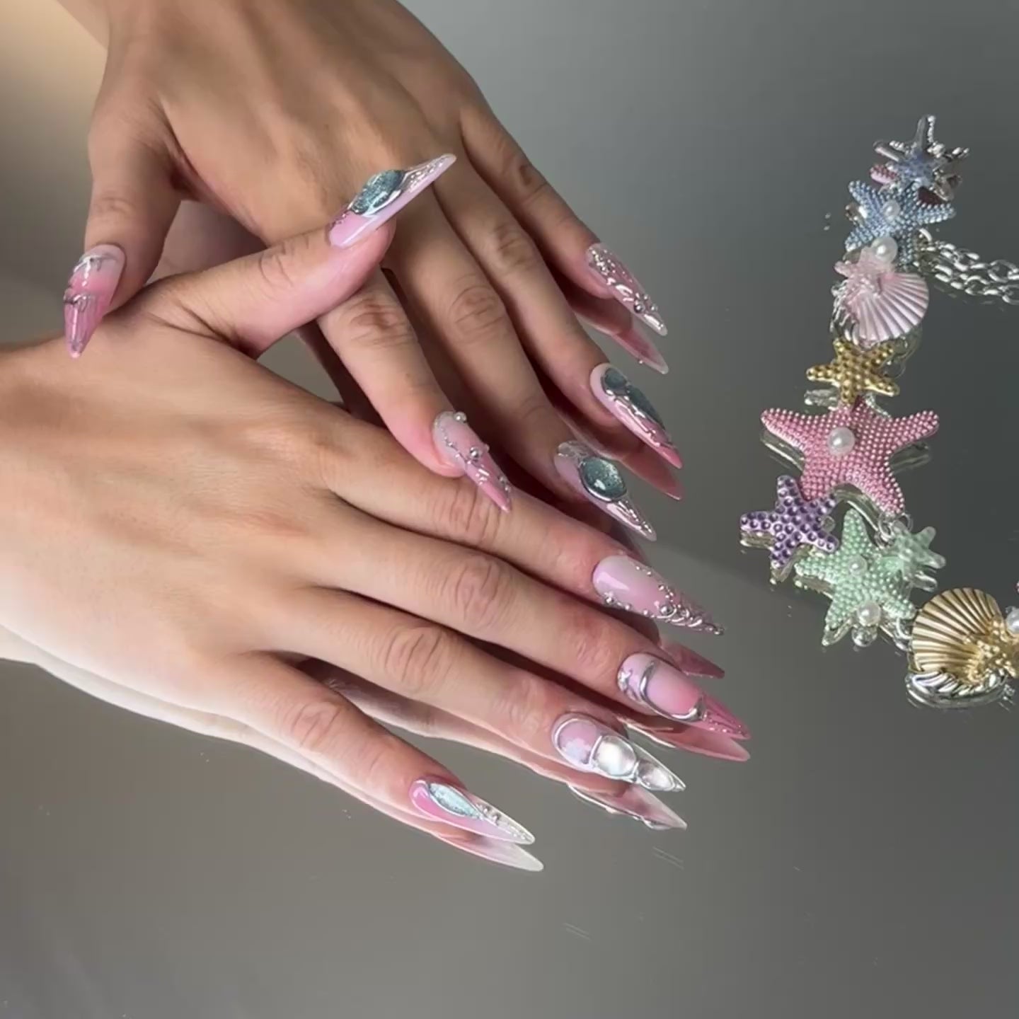 Mermaid Pink Chrome Nail Set – Ocean-Inspired Long Stiletto Press-On Nails