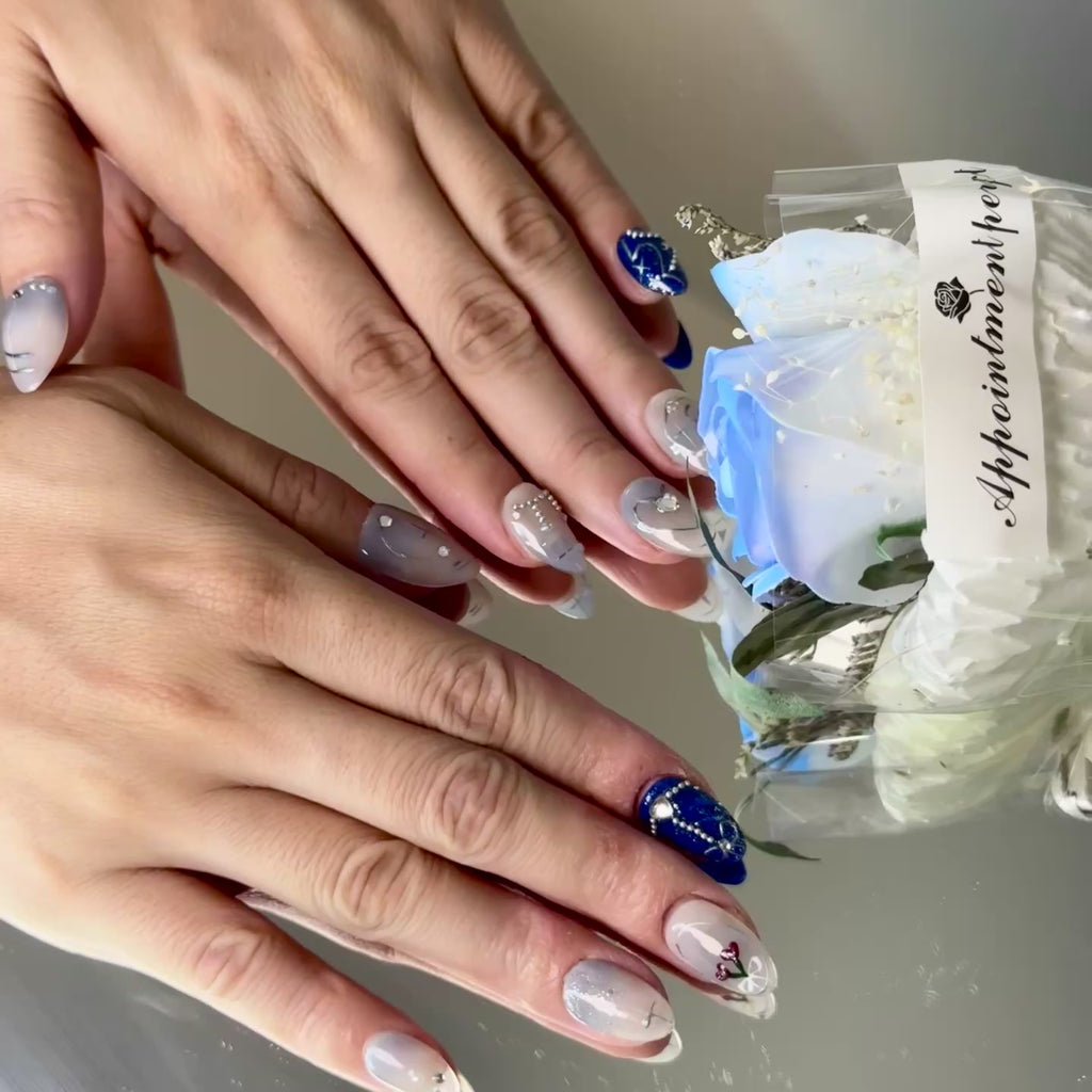 Blue Rose Crystal Nail Set – Elegant White & Navy Press-On Nails