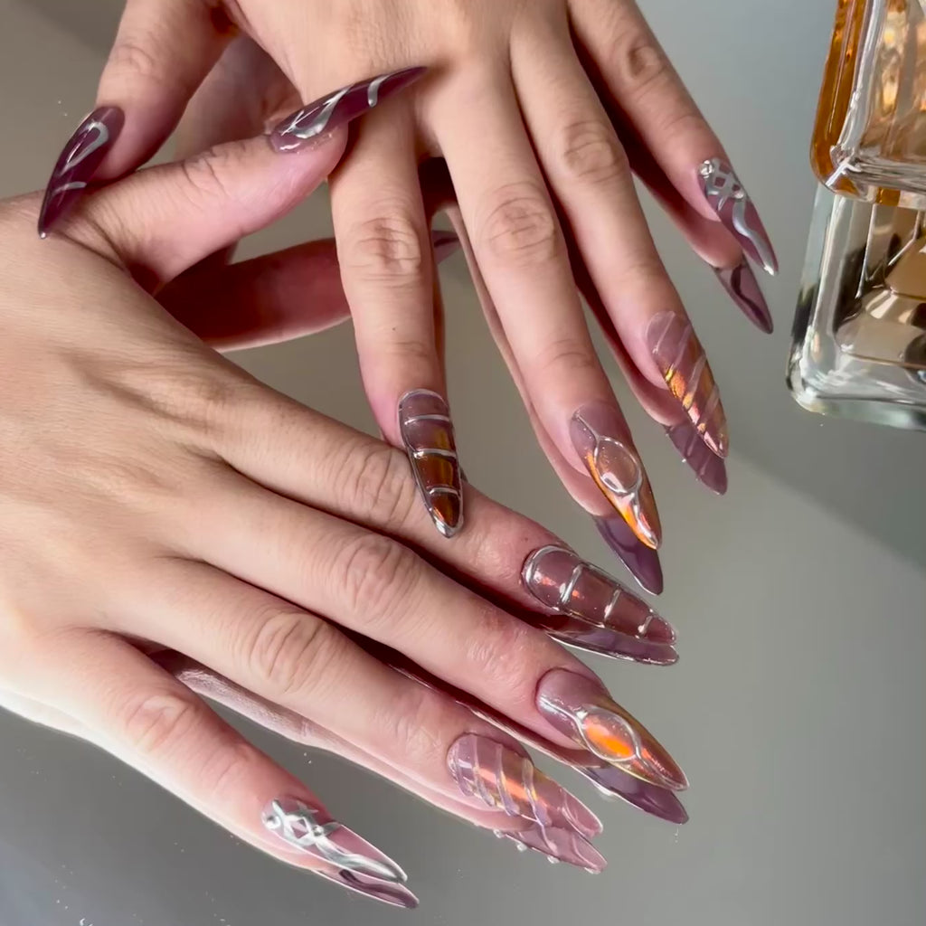 Burgundy Chrome Heart Nail Set – Edgy Press-On Nails with Metallic Shine