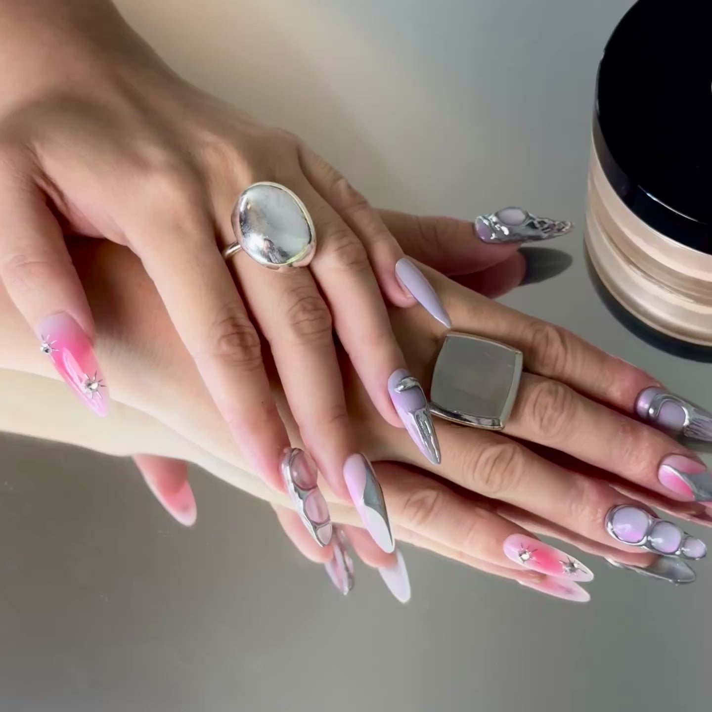 Holographic Chrome Nail Set – Pink & Purple Galaxy Press-On Nails