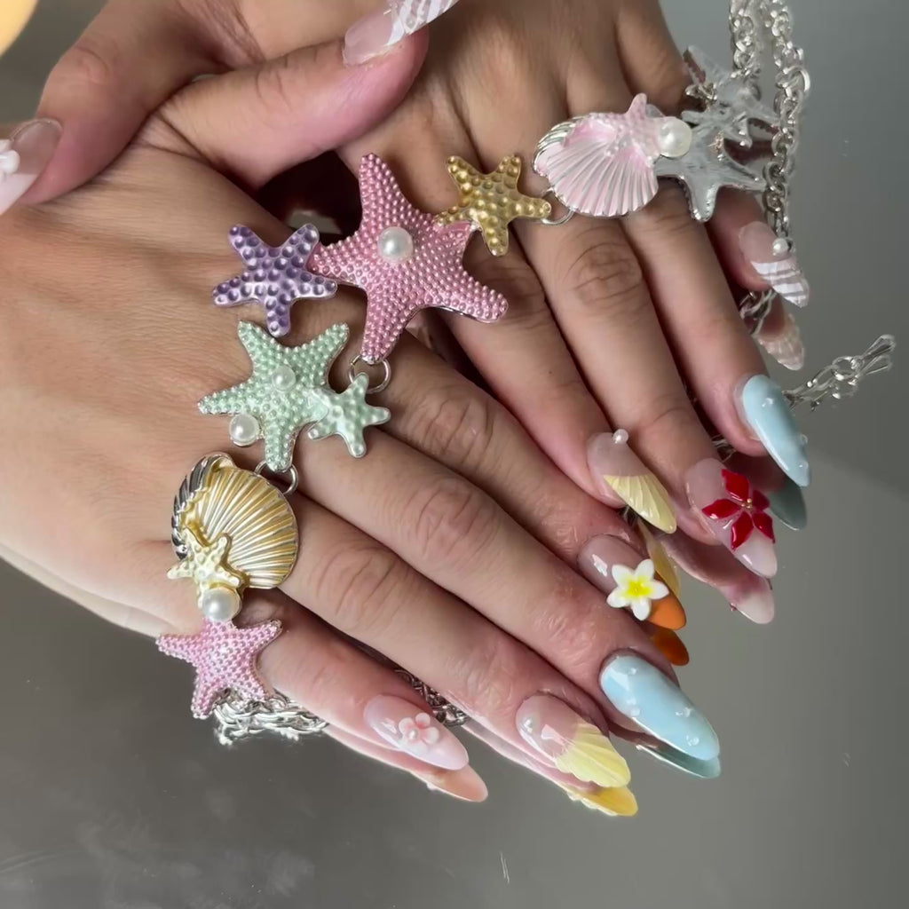 Tropical Flower Nail Set – Colorful Summer Press-On Nails with 3D Floral Accents