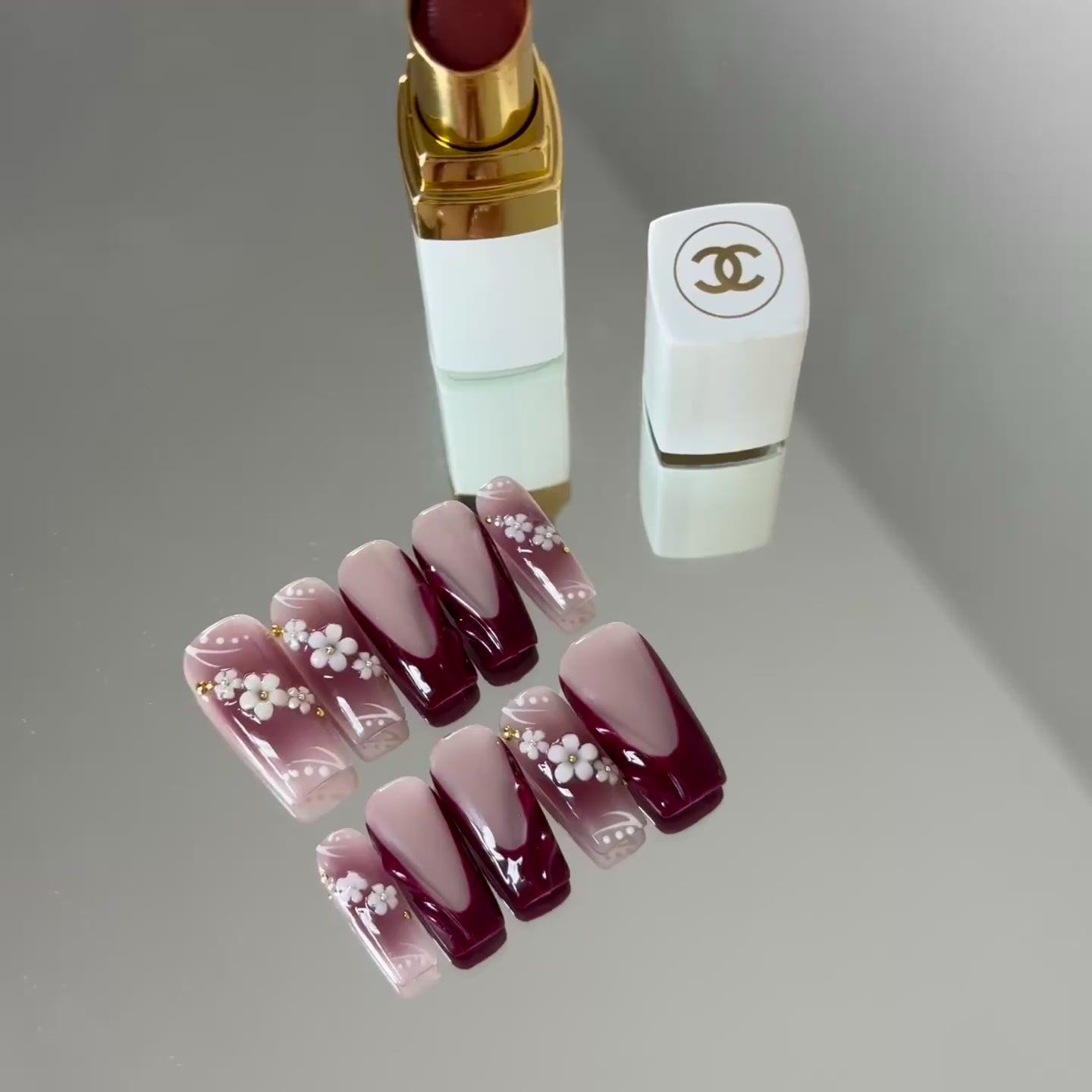 Wine Red Blossom Gradient Press-On Nails