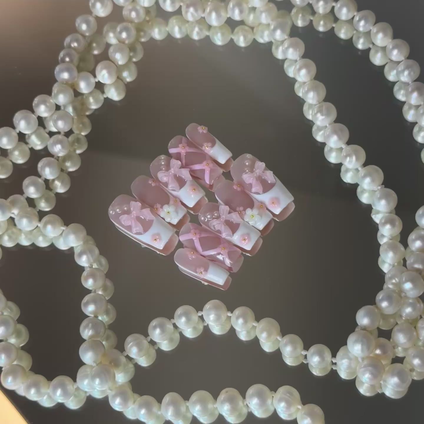 Pink Ribbon & Pearl Nail Set – Cute Bow Press-On Nails